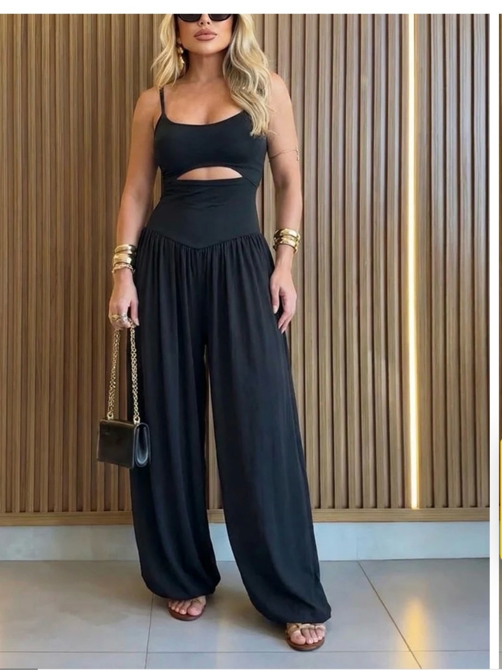 Black Cutout Wide-Leg Jumpsuit jogger leg with Spaghetti Straps